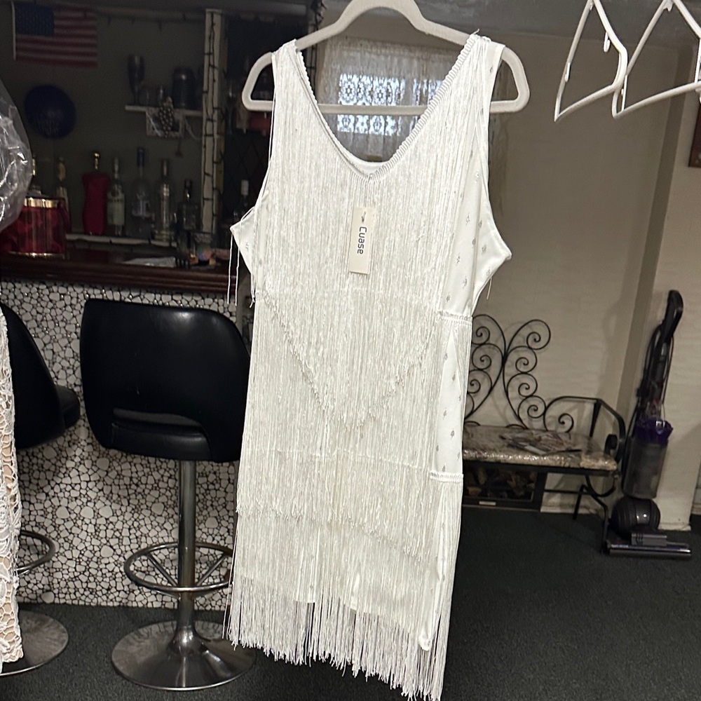 Cuase White Fringe Sleeveless Dress size L